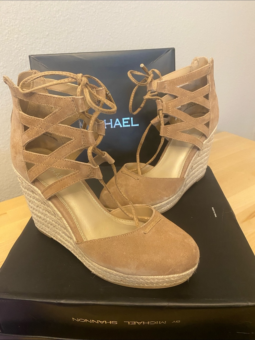 Michael Tan Suede Lace-Up Espadrille Wedge Sandals